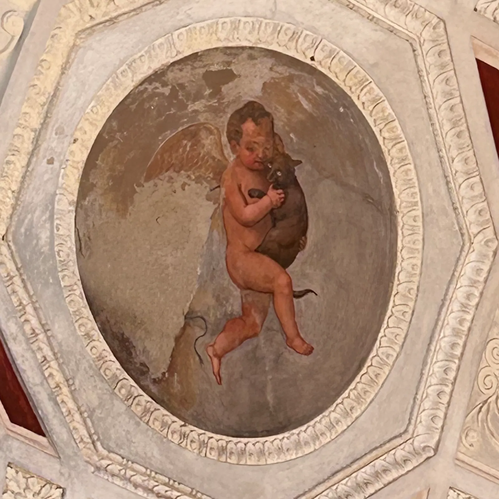 Deckengemälde: Putto mit Katze im Arm