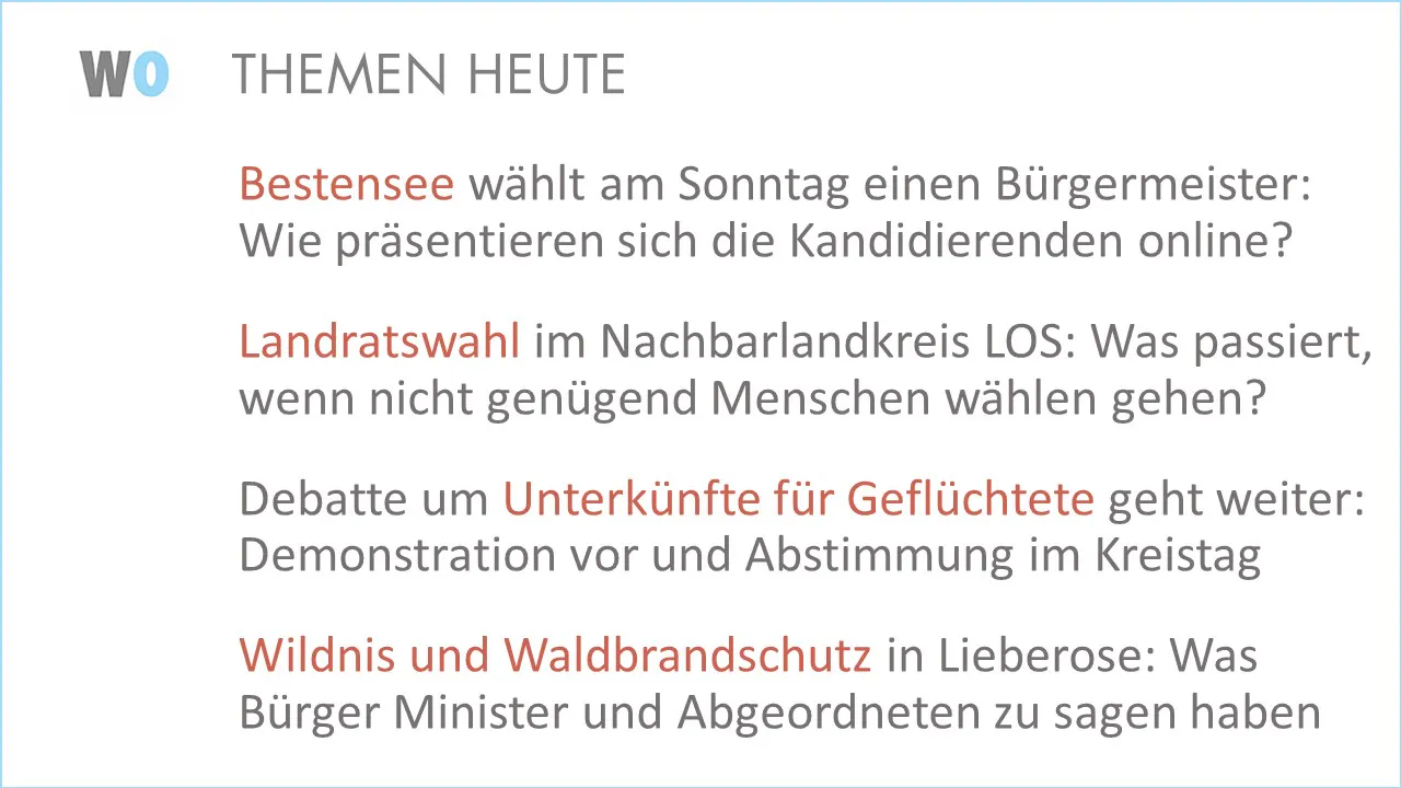 Bestensee wählt am Sonntag einen Bürgermeister: Wie präsentieren sich die Kandidierenden online?
Landratswahl im Nachbarlandkreis LOS: Was passiert, wenn nicht genügend Menschen wählen gehen?
Debatte um Unterkünfte für Geflüchtete geht weiter: Demonstration vor und Abstimmung im Kreistag.
Wildnis und Waldbrandschutz in Lieberose: Was Bürger Minister und Abgeordneten zu sagen haben.