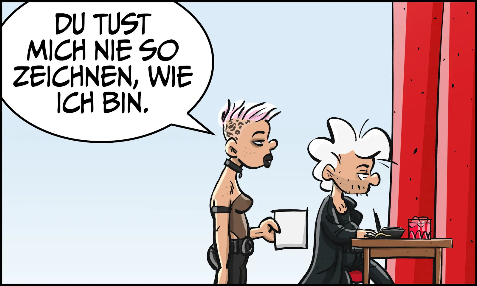 Sophie reicht Chuck eine Zeichnung und beschwert sich: „Du tust mich nie so zeichnen, wie ich bin.“