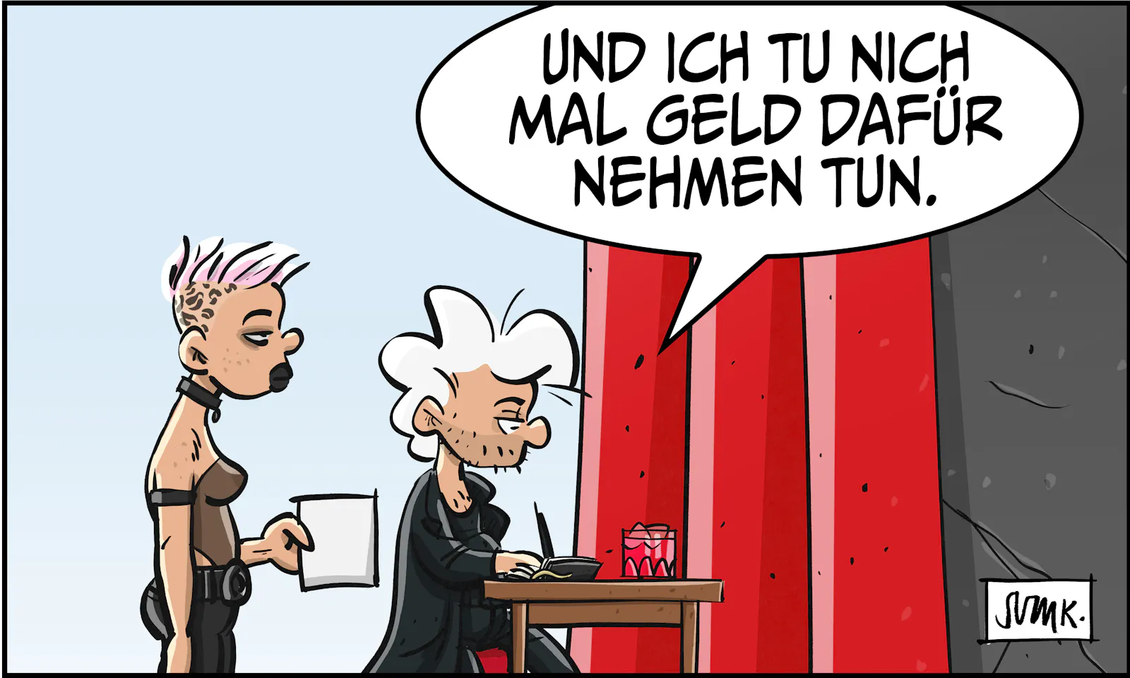 Chuck bleibt unbeeindruckt am Tisch sitzen und kontert trocken: „Und ich tu nich mal Geld dafür nehmen tun.“