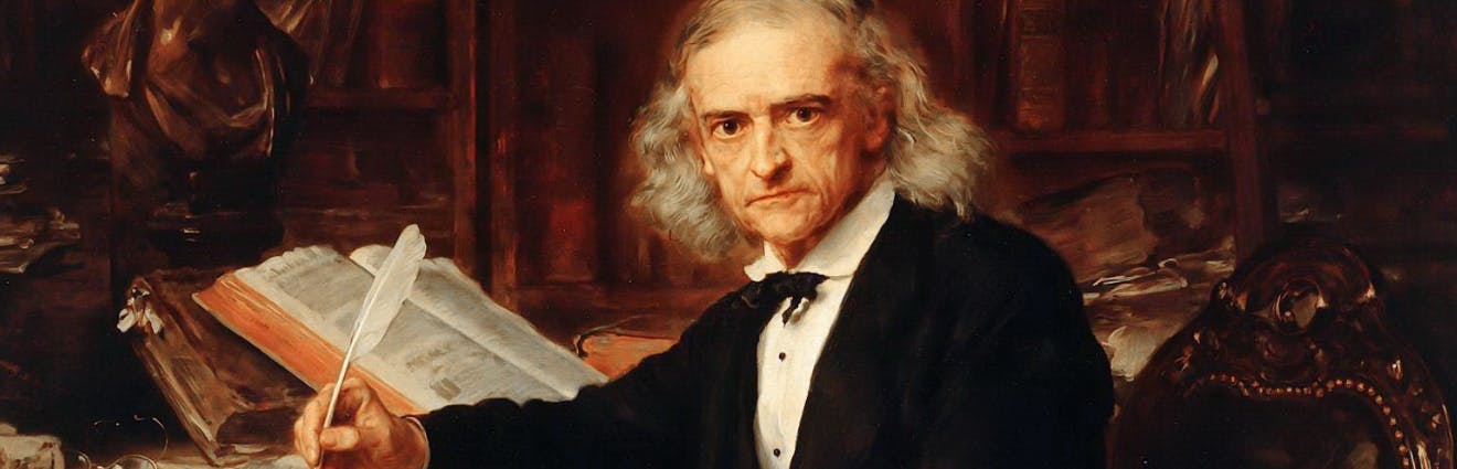 Ölgemälde zeigt Theodor Mommsen am Schreibtisch mit Feder in der Hand