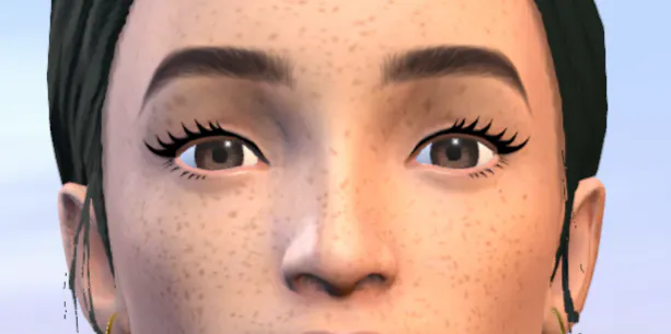 Die braunen Augen einer jüngeren, computeranimierten Frau.