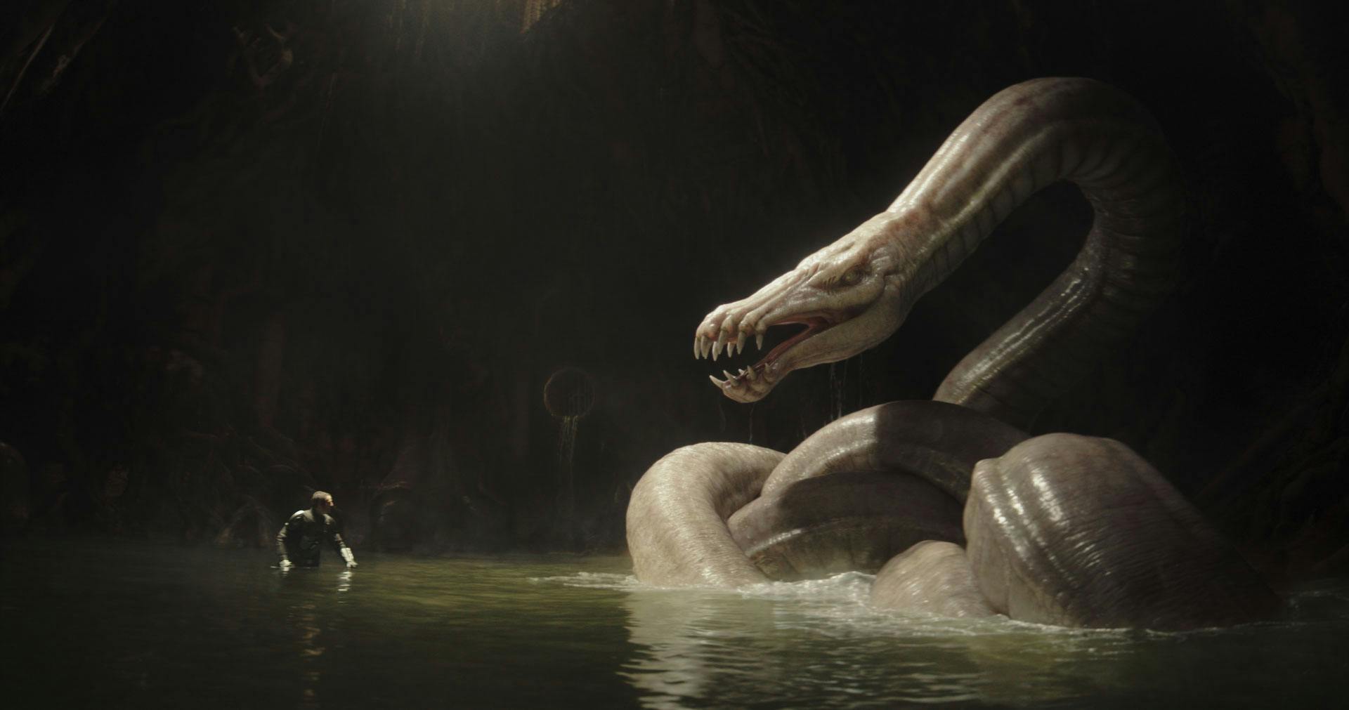 The Mandalorian (Pedro Pascal) and Dragonsnake in Lucasfilm's THE MANDALORIAN AND GROGU. Photo courtesy of Lucasfilm. © 2026 Lucasfilm Ltd™. All Rights Reserved.