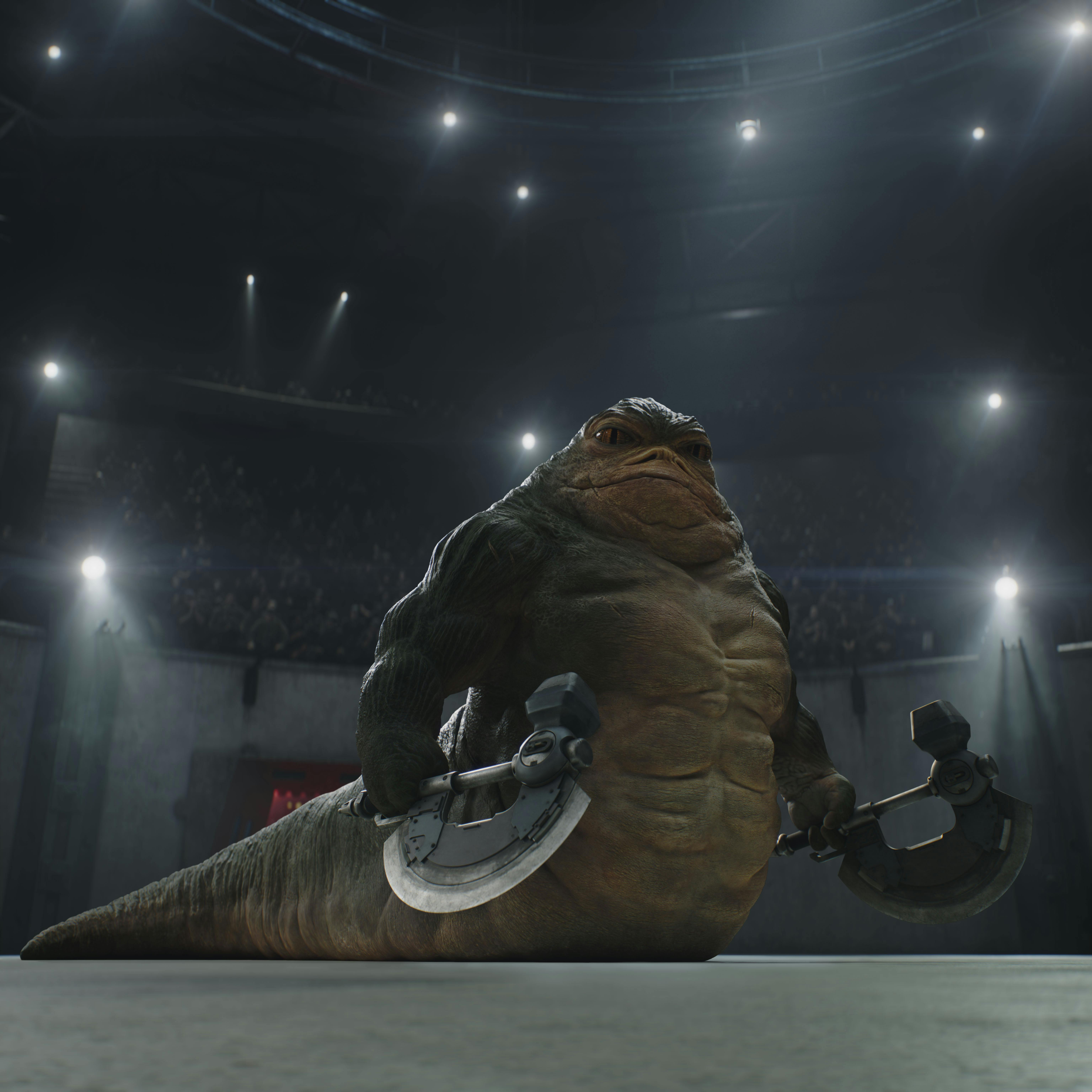 Arena-Glotzer #2: Rotta the Hutt (Jeremy Allen White) in Lucasfilm's THE MANDALORIAN AND GROGU //  Photo by Francois Duhamel. © 2026 Lucasfilm Ltd™. All Rights Reserved.