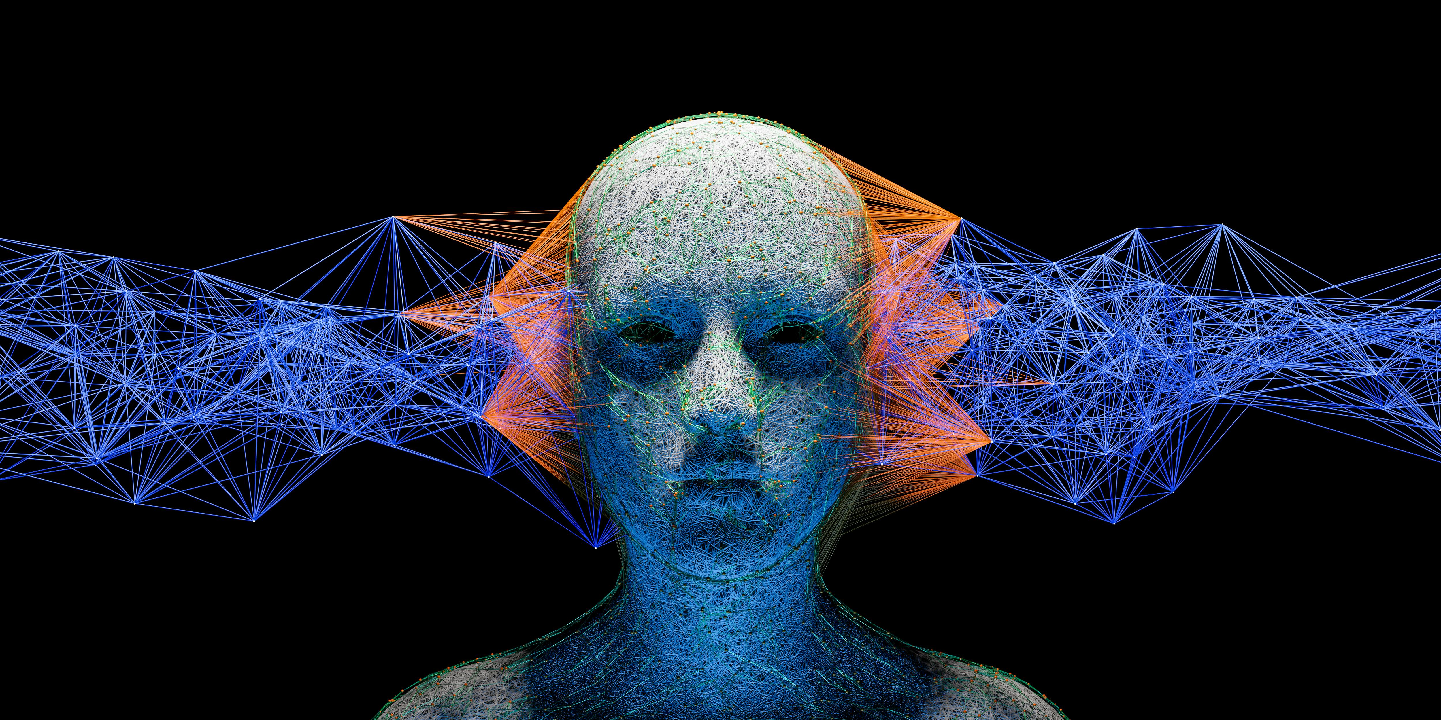 Illustration eines Menschen mit Gehirnwellen oder Informationswellen. Symbolisiert die Vernetzung des menschlichen Bewusstseins mit der Außenwelt.