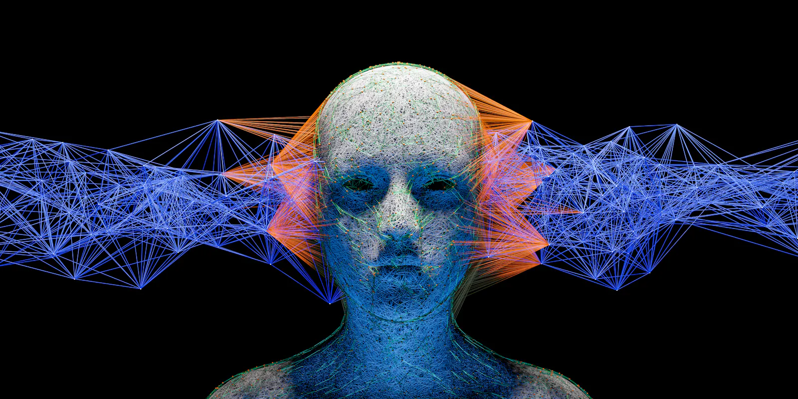 Illustration eines Menschen mit Gehirnwellen oder Informationswellen. Symbolisiert die Vernetzung des menschlichen Bewusstseins mit der Außenwelt.