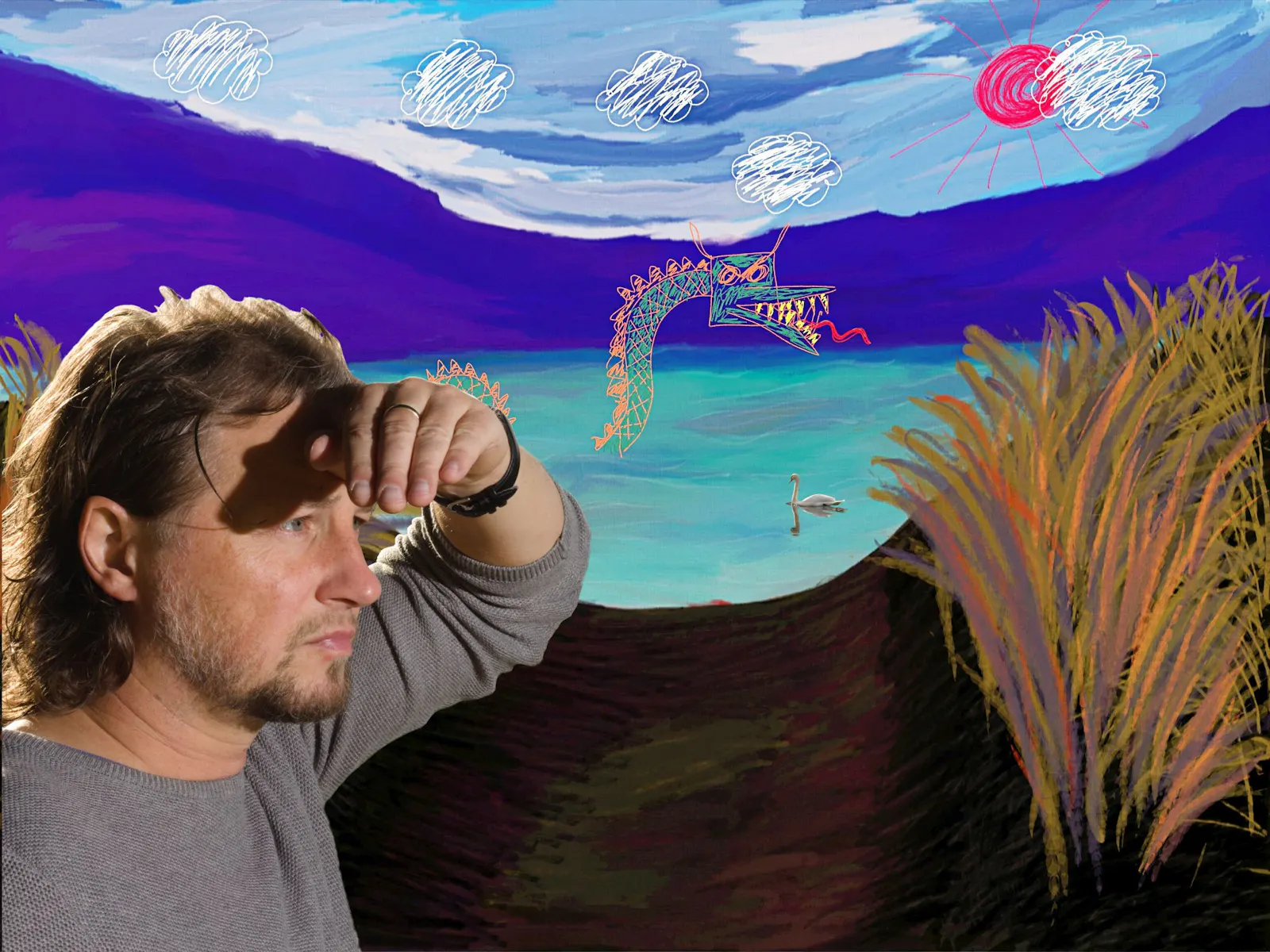 Das Gemälde einer Landschaft mit einem See und einer großen Seeschlange. Im Vordergrund eine Fotografie von Gofi, der in die Ferne schaut.