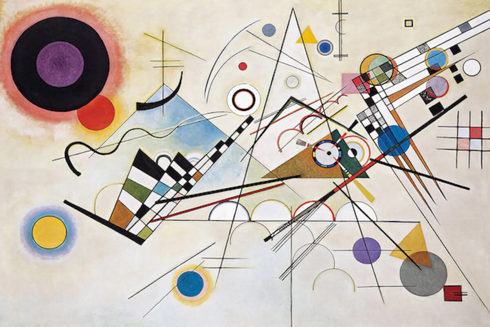 obra de Kandinsky de arte abstracto con fondo blanco, circulos y líneas