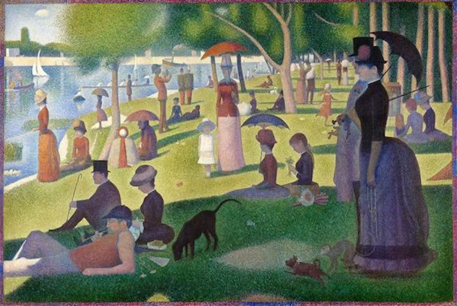 Obra de Seurat en la que gente del siglo 19 pasea o esta sentada frente a un lago. Hecha con estilo puntillista