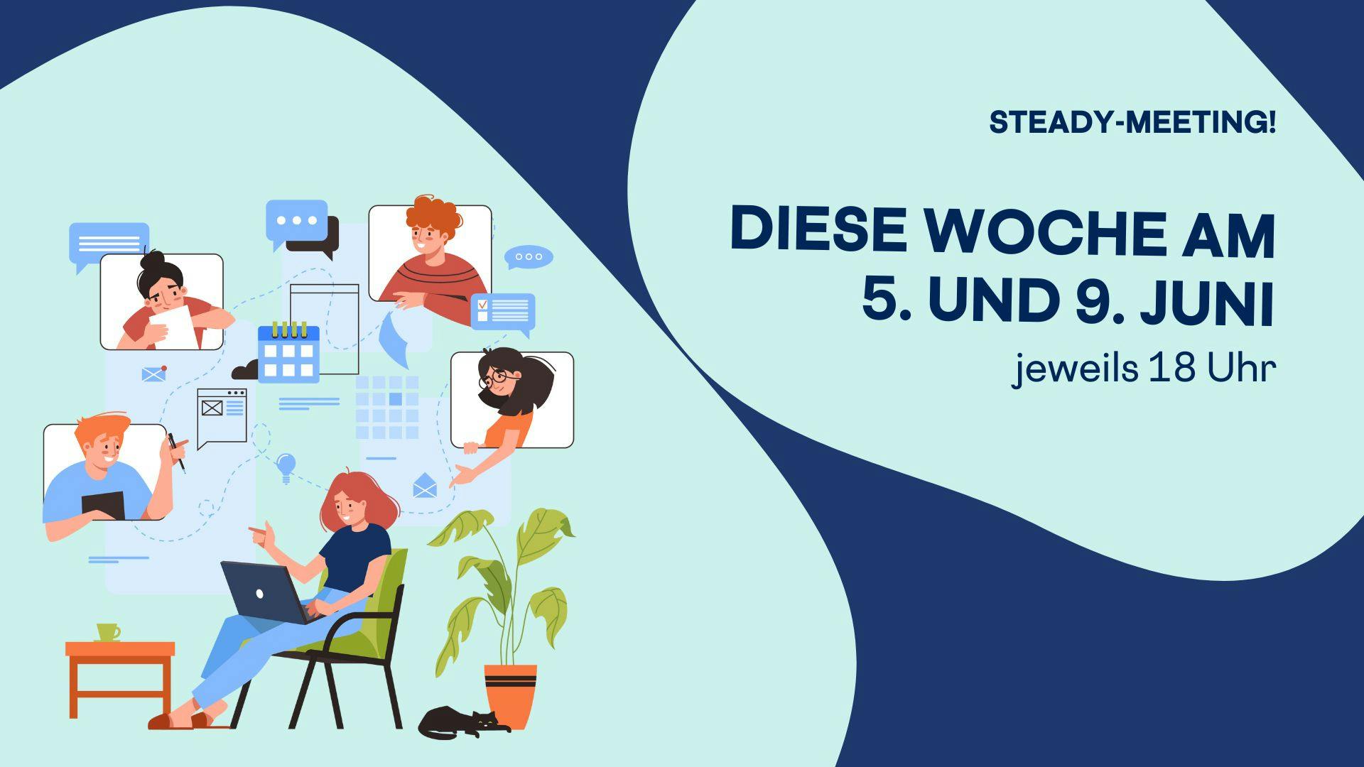 Sharepic zum Meeting, die Daten werden genannt. Du siehst eine Gruppe von Menschen, die sich in einem Videocall treffen.