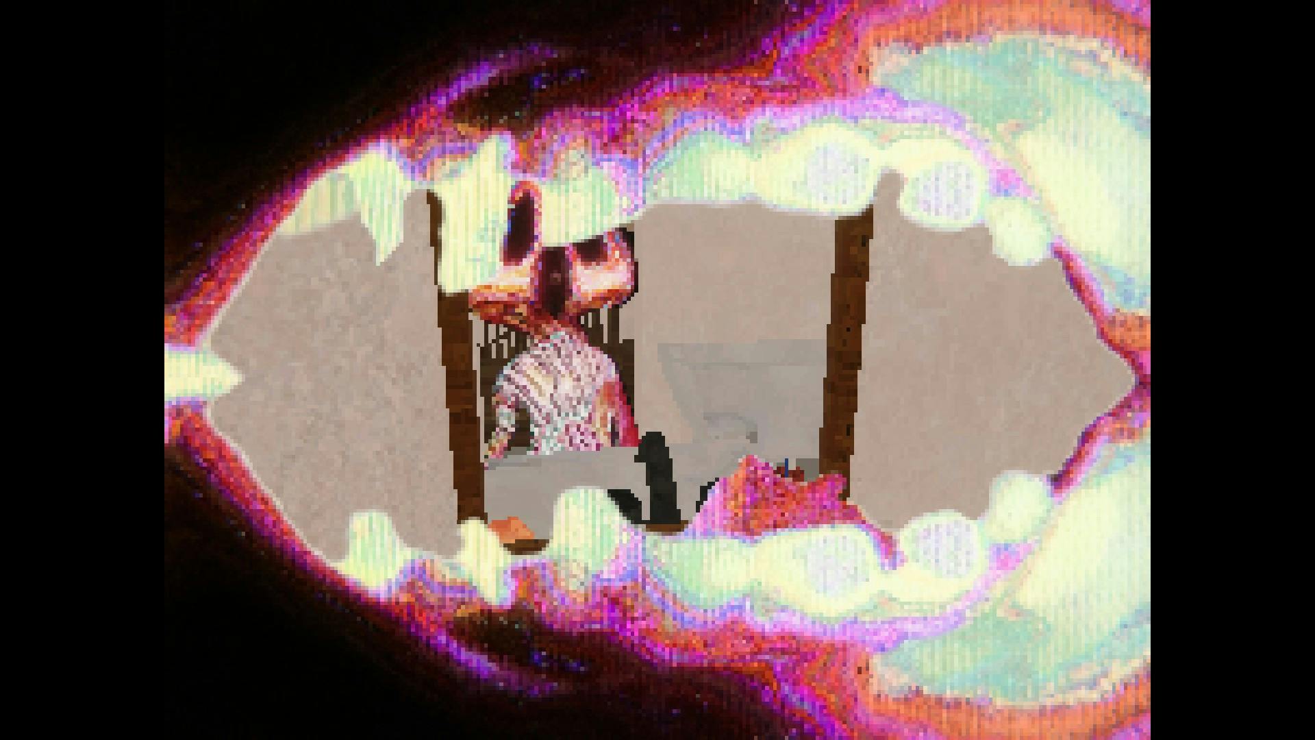 Screenshot Mouthole, durch einen verpixelten Mund sieht man eine geisterhafte Figur