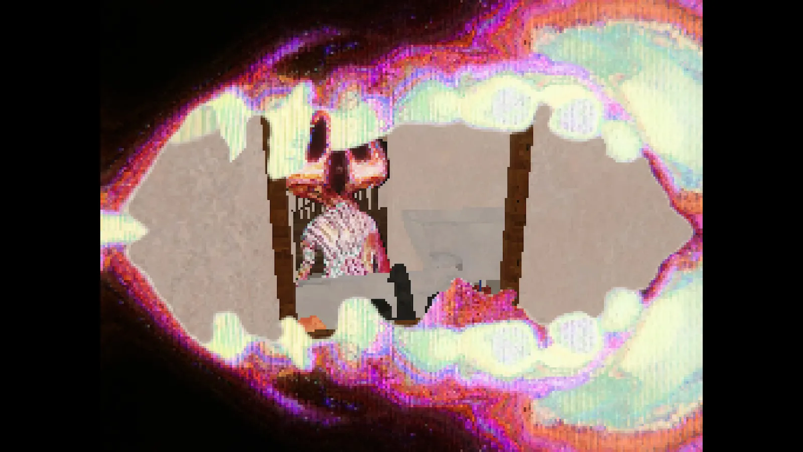 Screenshot Mouthole, durch einen verpixelten Mund sieht man eine geisterhafte Figur