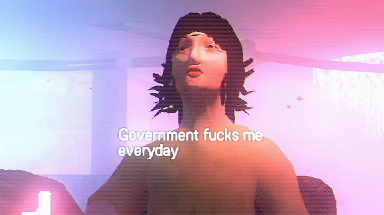 Screenshot Arctic Eggs, eine Person sagt government fucks me everyday