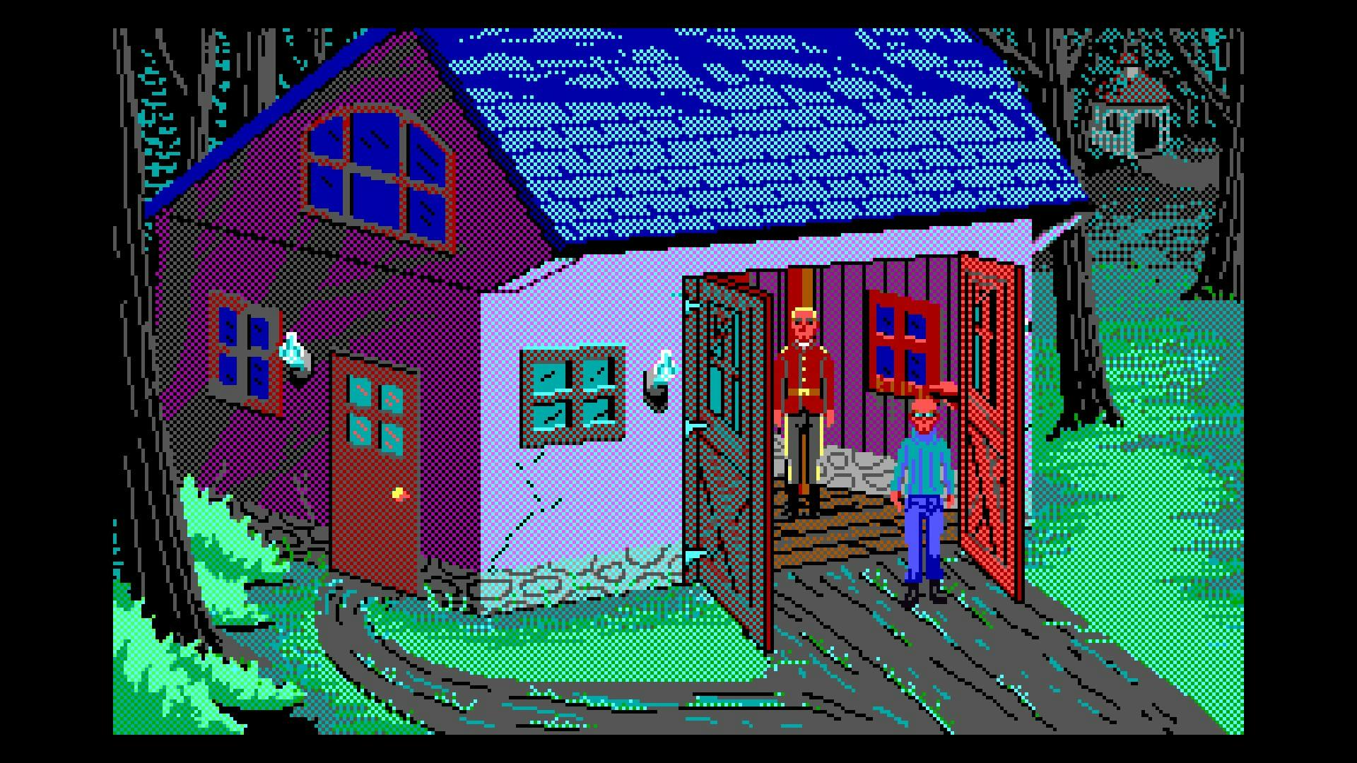 Screenshot zwei Männer stehen in einer grellen Pixelhütte