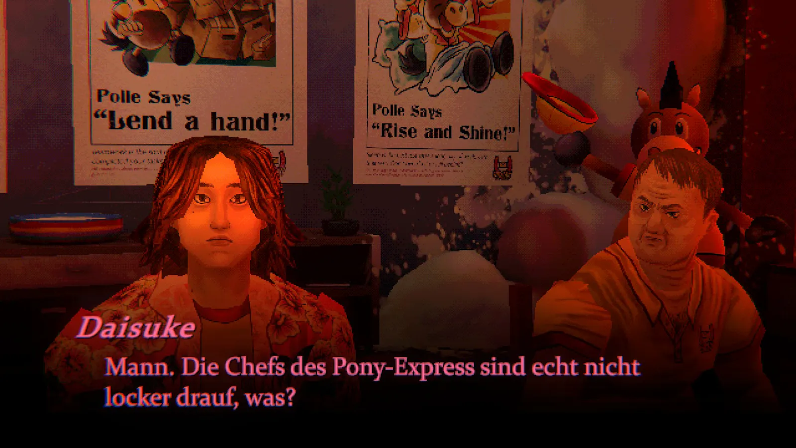 Screenshot Mouthwashing, ein Mann sagt Mann, die Chefs des Pony-Express sind echt nicht locker drauf was