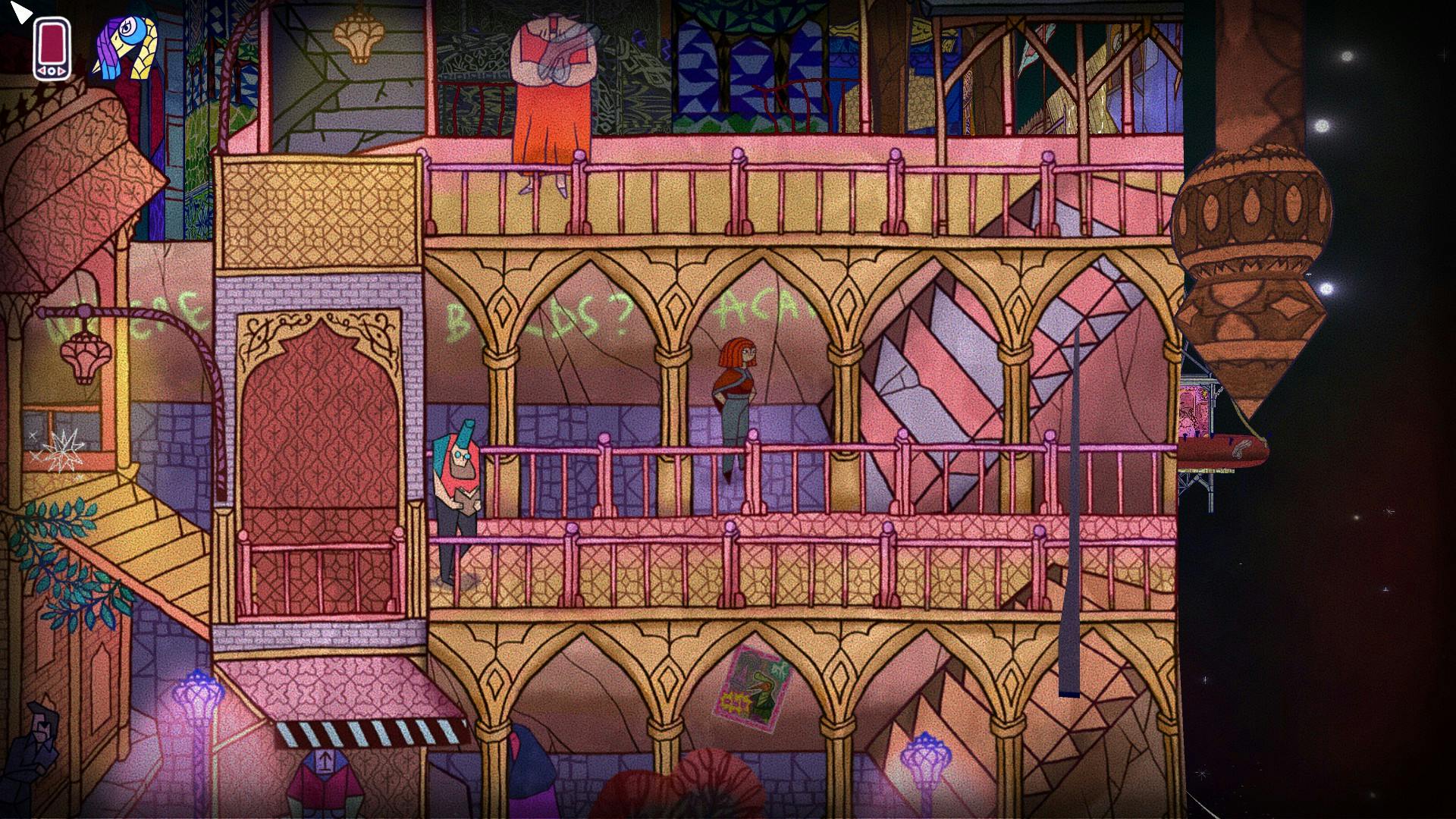 Screenshot 30 Birds, eine bunte 2d Stadt, eine Frau steht in einem Gang, hinter ihr an der Wand steht ACAB