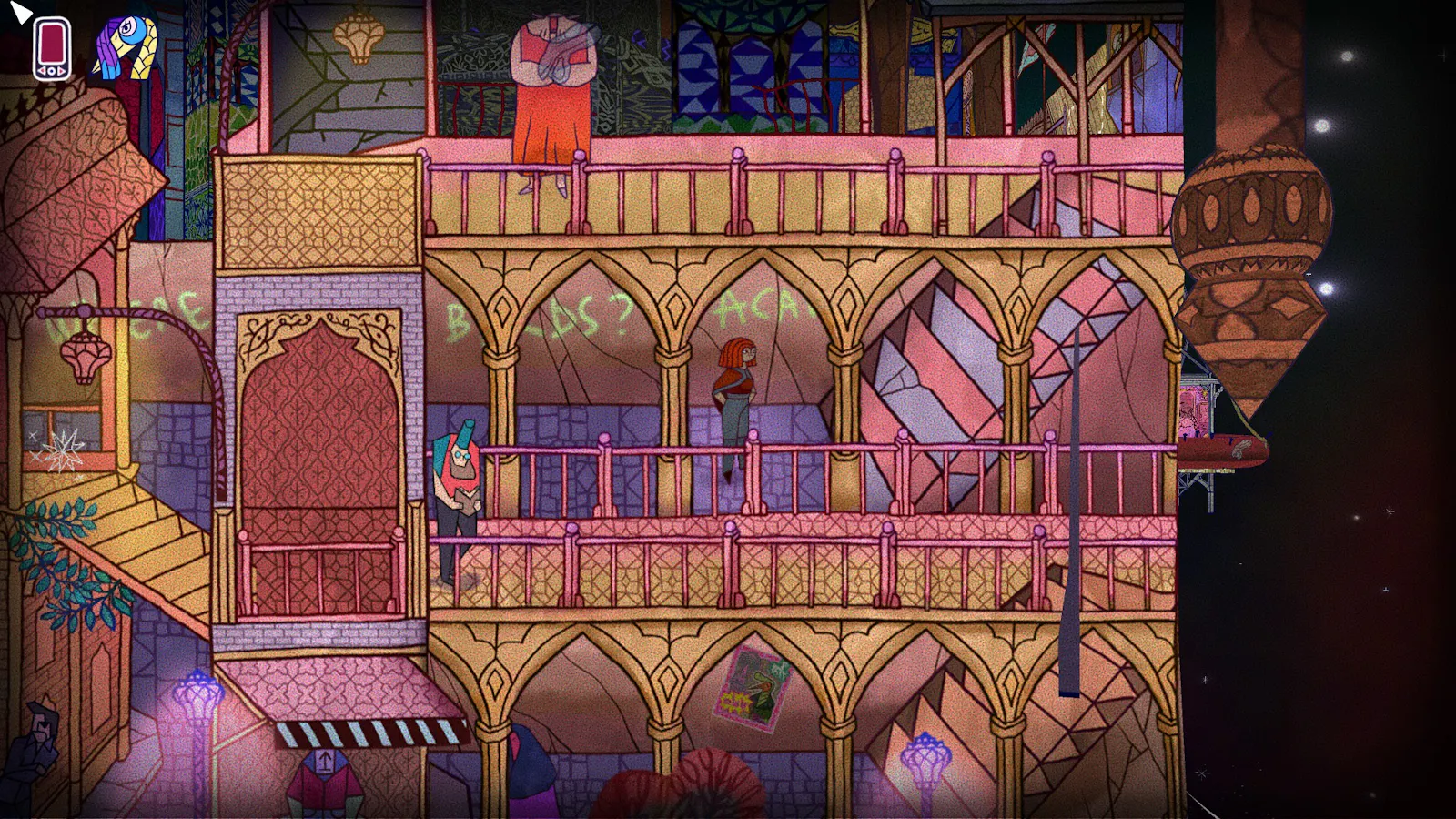 Screenshot 30 Birds, eine bunte 2d Stadt, eine Frau steht in einem Gang, hinter ihr an der Wand steht ACAB