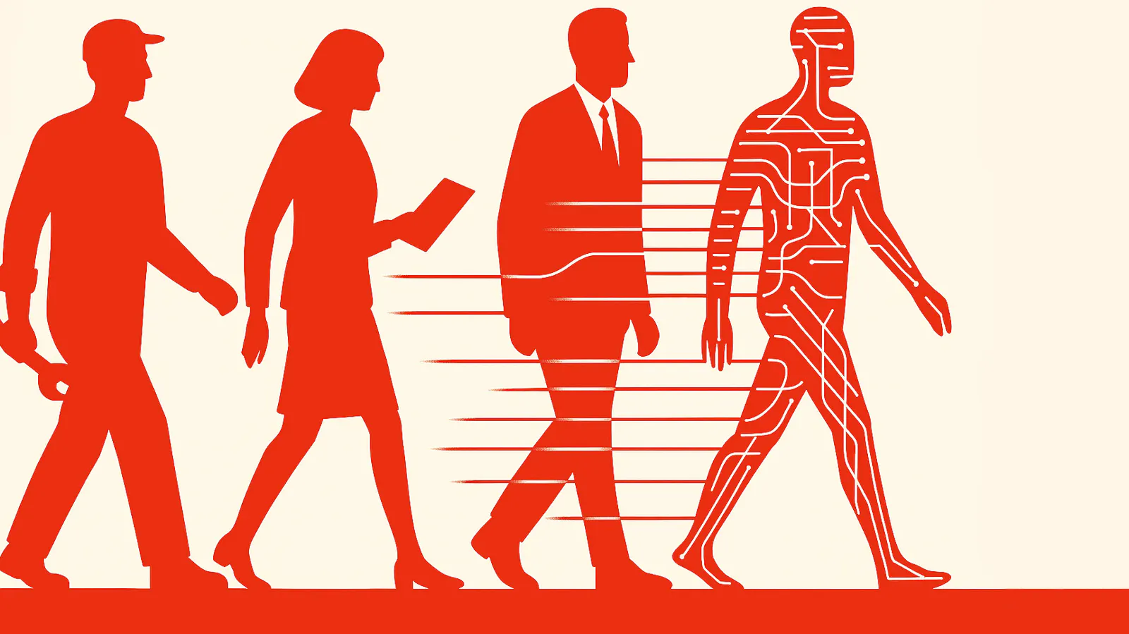 Vier stilisierte rote Silhouetten auf cremefarbenem Hintergrund symbolisieren den Wandel der Arbeitswelt durch künstliche Intelligenz – vom Handwerker über Angestellte bis hin zur digitalen Figur aus Datenlinien.