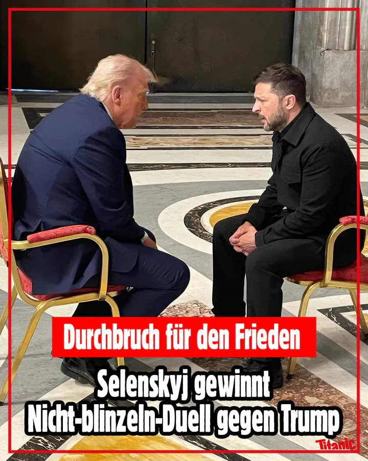 Trump und Selenskyj während ihres Gesprächs im Petersdom. Die beiden sitzen sich gegenüber, neigen sich einander zu und schauen sich dabei an. Dazu der Text: "Durchbruch für den Frieden: Selenskyj gewinnt Nicht-blinzeln-Duell gegen Trump".