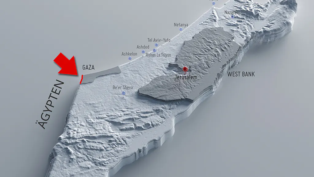 3D Karte von Israel und der Grenze Gaza zu Ägypten