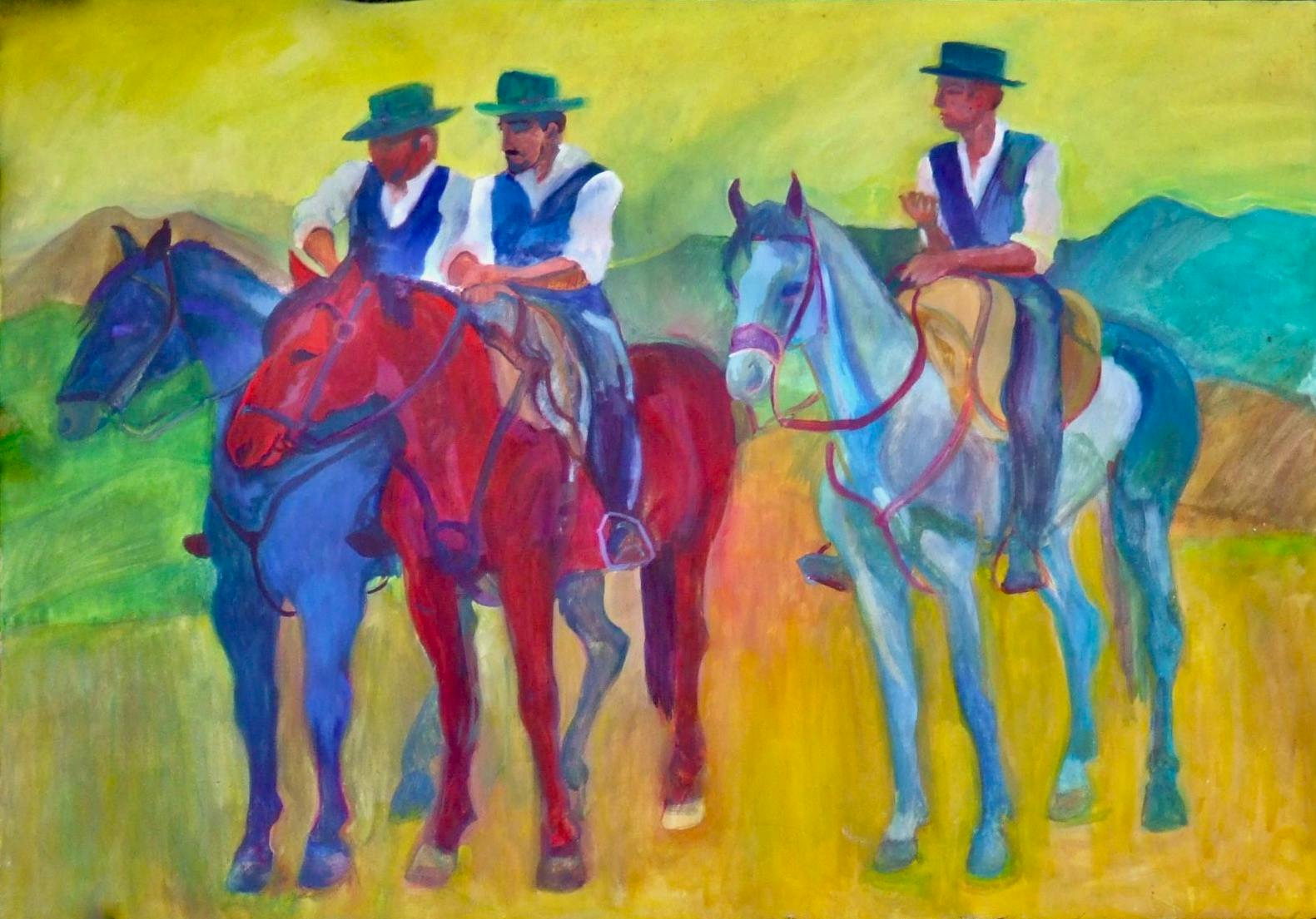 Oil painting of three men on their horses. Painted in bright colours. Men are wearing traditional outfits for the butteri, Italian cowboys. Flat topped hat, white shirt and vests. One horse on the left is dark blue, horse in the middle red and on the right greyish blue.