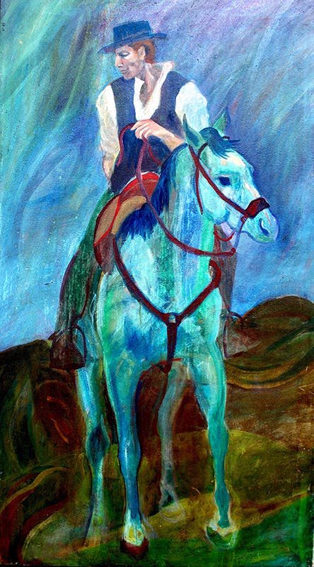 An oil painting of a man on a horse in traditional dress for a buttero. Flat topped hat, white shirt and black vest. He is turned slightly towards the left. His horse looks towards the left. The colours are mostly blue and green, only the saddle has been painted with a dull red and yellow ochre. Background blue and green. Lower part brownish green.