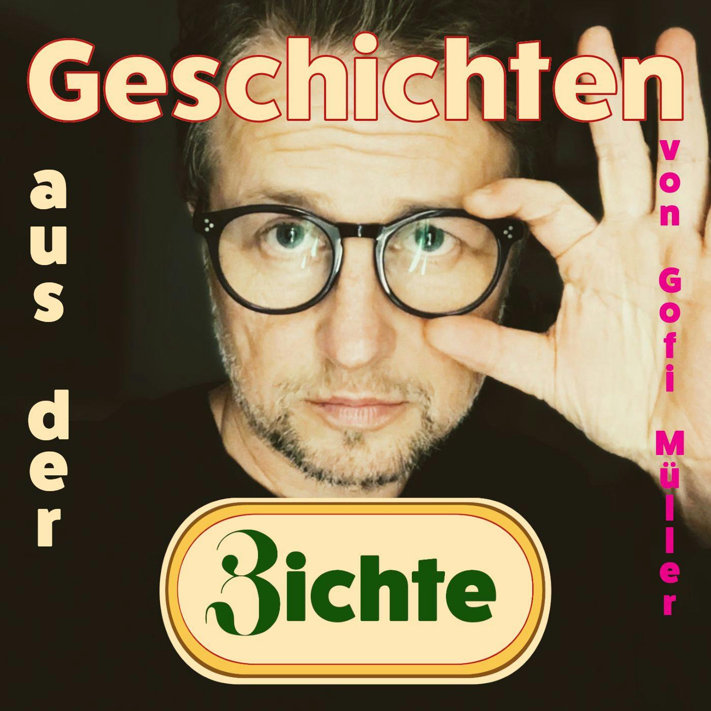 Das Cover von 'Geschichten aus der Zichte'. Ich schaue sehr sinnig durch meine Brille in die Kamera, um mich herum ist die Schrift verteilt, wobei das Wort 'Zichte' wie ein traditionelles Kneipenschild gestaltet ist. Vielleicht erinnerst Du Dich daran, dass die Zichte die Kneipe aus meinen Huchting-Geschichten ist.