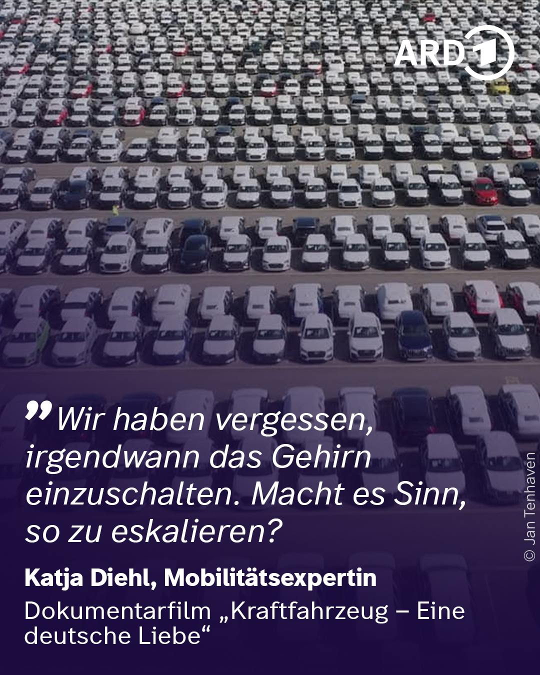 * Wir haben vergessen, irgendwann das Gehirn einzuschalten. Macht es Sinn, so zu eskalieren?
Katja Diehl, Mobilitätsexpertin
Dokumentarfilm „Kraftfahrzeug - Eine deutsche Liebe"