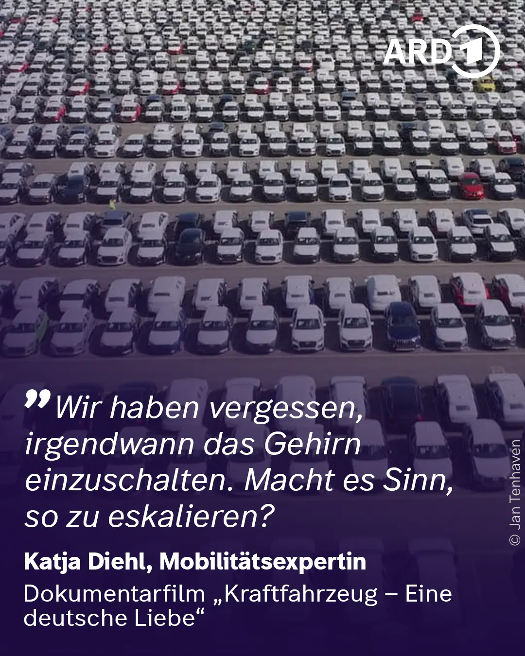 * Wir haben vergessen, irgendwann das Gehirn einzuschalten. Macht es Sinn, so zu eskalieren?
Katja Diehl, Mobilitätsexpertin
Dokumentarfilm „Kraftfahrzeug - Eine deutsche Liebe"