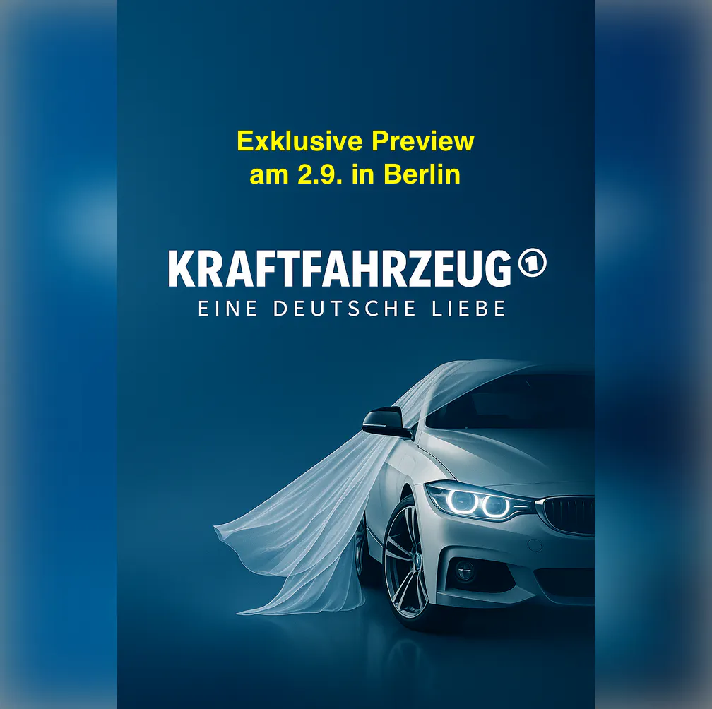 Sharepic mit einem Auto, das unter einem weißen Laken steht, Text: Exklusive Preview am 2.9. in Berlin.