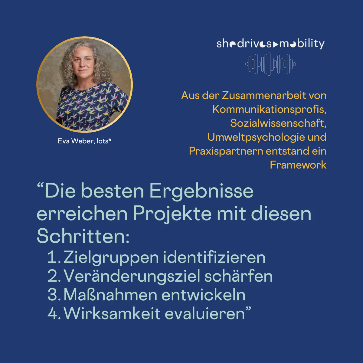 Aus der Zusammenarbeit von Kommunikationsprofis, Sozialwissenschaft, Umweltpsychologie und Praxispartnern entstand ein Framework
"Die besten Ergebnisse erreichen Projekte mit diesen Schritten:
1. Zielgruppen identifizieren
2. Veränderungsziel schärfen
3. Maßnahmen entwickeln
4. Wirksamkeit evaluieren"