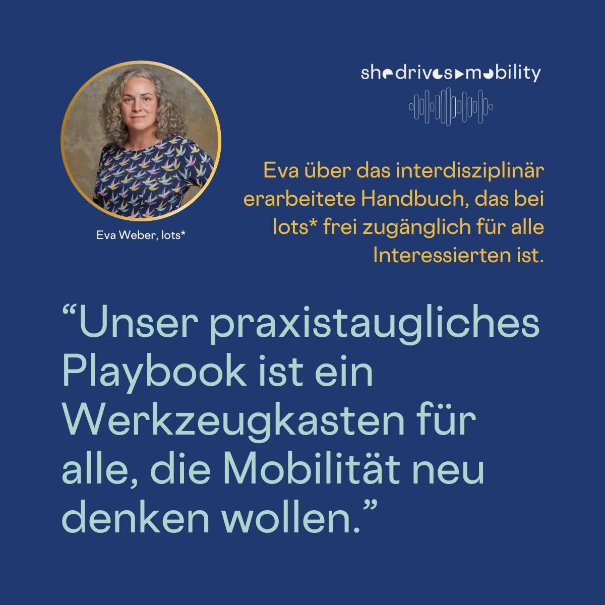 Eva über das interdisziplinär erarbeitete Handbuch, das bei lots* frei zugänglich für alle Interessierten ist.
"Unser praxistaugliches Playbook ist ein Werkzeugkasten für alle, die Mobilität neu denken wollen.*