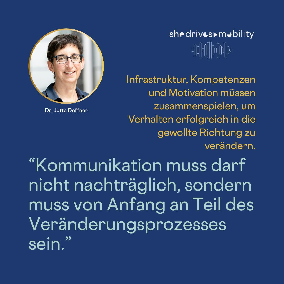 Dr. Jutta Deffner: Infrastruktur, Kompetenzen und Motivation müssen zusammenspielen, um Verhalten erfolgreich in die gewollte Richtung zu verändern.
"Kommunikation muss darf nicht nachträglich, sondern muss von Anfang an Teil des Veränderungsprozesses sein.