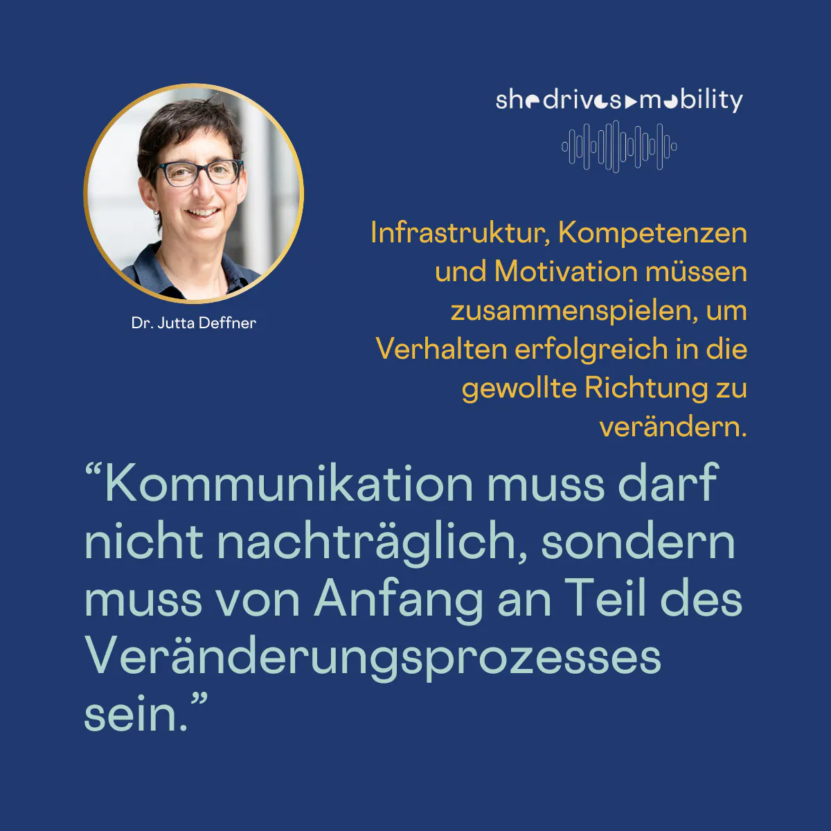 Dr. Jutta Deffner: Infrastruktur, Kompetenzen und Motivation müssen zusammenspielen, um Verhalten erfolgreich in die gewollte Richtung zu verändern.
"Kommunikation muss darf nicht nachträglich, sondern muss von Anfang an Teil des Veränderungsprozesses sein.