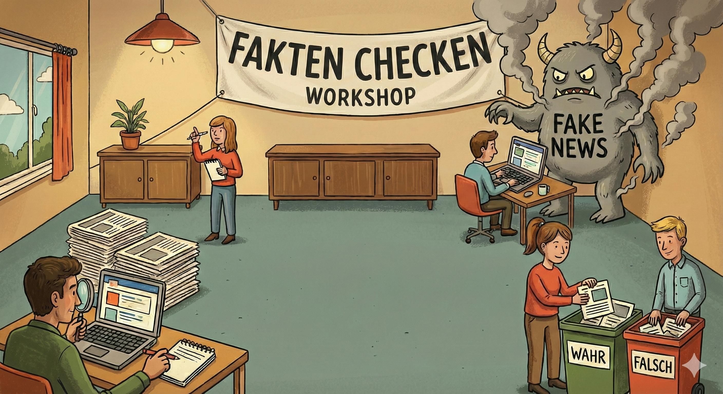 Faktencheck-Workshop in Gaisburg für 100 € Unterstützung beim Crowdfunding. Einfach auf das Bild klicken, das führt direkt zur Prämie). Illustration: Gemini (KI)