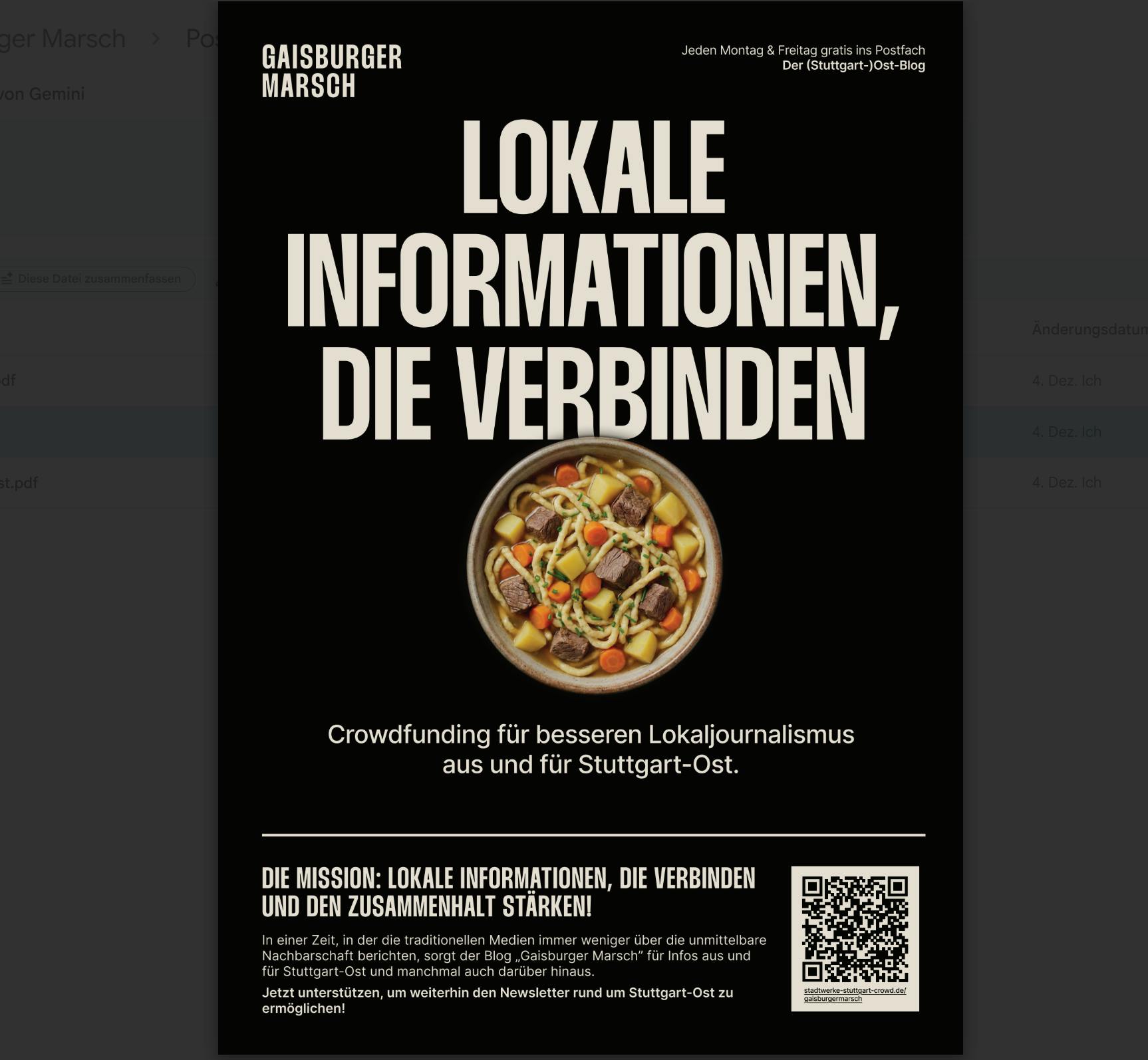 Zuverlässige Infos aus der Nachbarschaft stärken den Zusammenhalt, im Blog „Gaisburger Marsch” und den zugehörigen Newslettern. Jetzt unterstützen (einfach auf das Bild klicken, das führt direkt zur Crowdfunding-Aktion)! Gestaltung: Frederic Brand