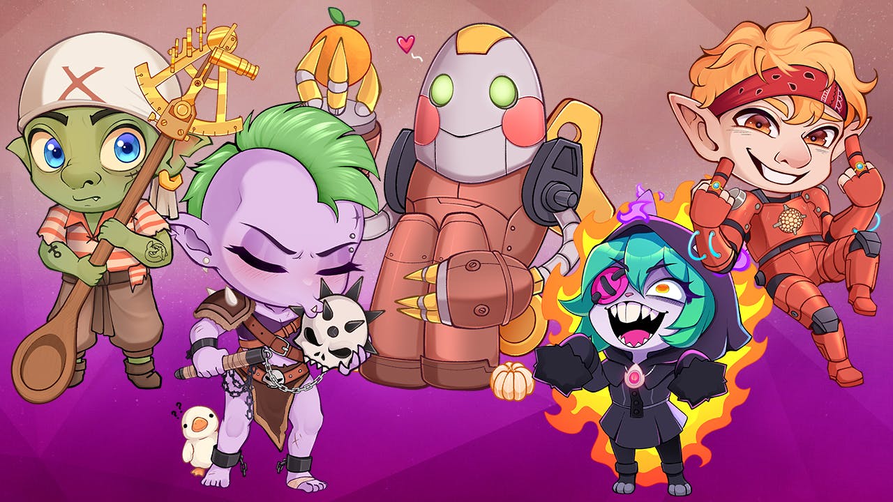 Eine Illustration der Bolzenbande, von links nach rechts: Ferdinand, ein grüner Goblin mit weißem Bandana und einem goldenen Sextanten, an dessen Ende ein Löffel ist; Branka, eine lila Halborkin mit grünen Haaren, Lederrüstung und einem Totenschädel in der Hand, neben ihr eine kleine verwirrte Ente; C.R.E.P.E., ein orangefarbenes Konstrukt mit grünen Augen und einer Pampelmuse in der Hand; Fee, eine kleine Harengon-Dame mit türkisem Haar, schwarzer Kutte und Flammen um sich herum und Gnoc, ein Gnom mit blonden Haaren, rotem Stirnband und orangefarbenem Kampfanzug. Im Hintergrund ein lila-rosafarbener Farbverlauf.