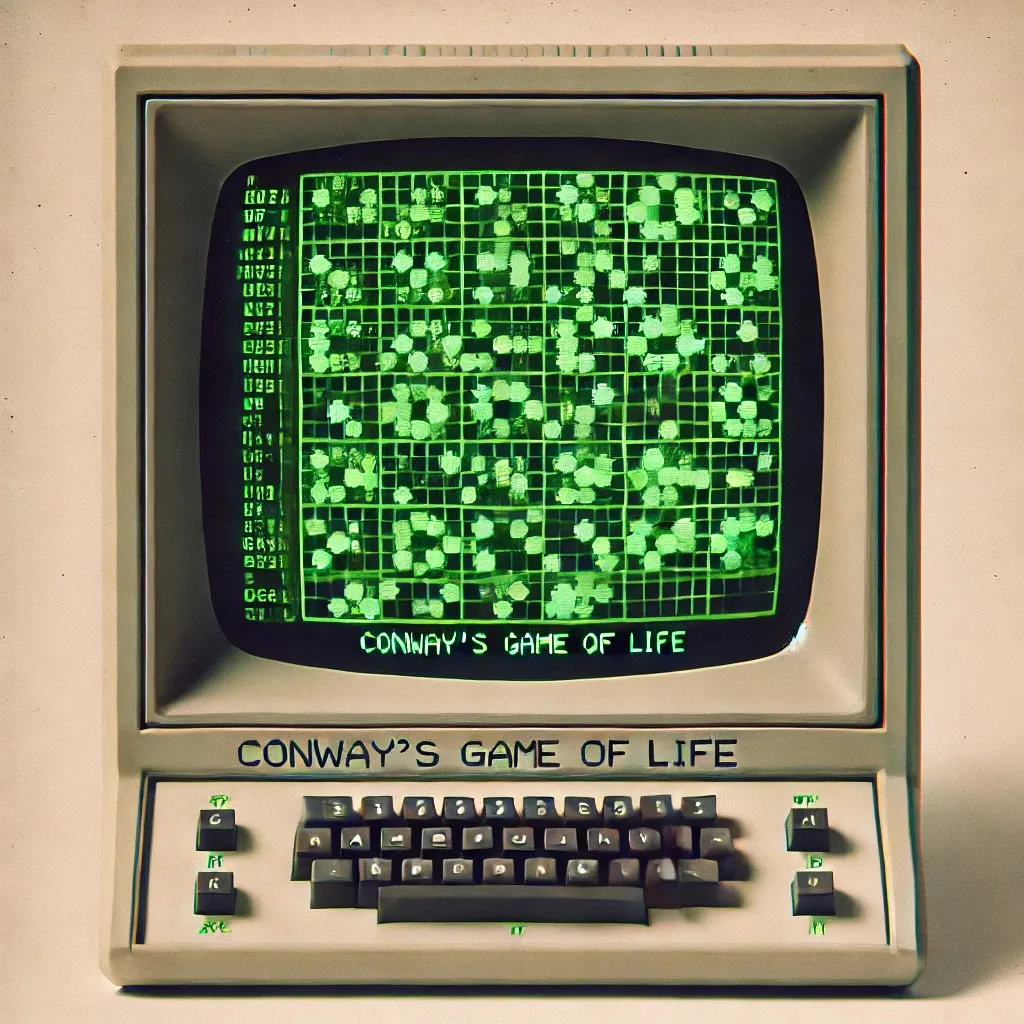 Ein Retro-Computer der ein Conway's Game of Life abbildet.