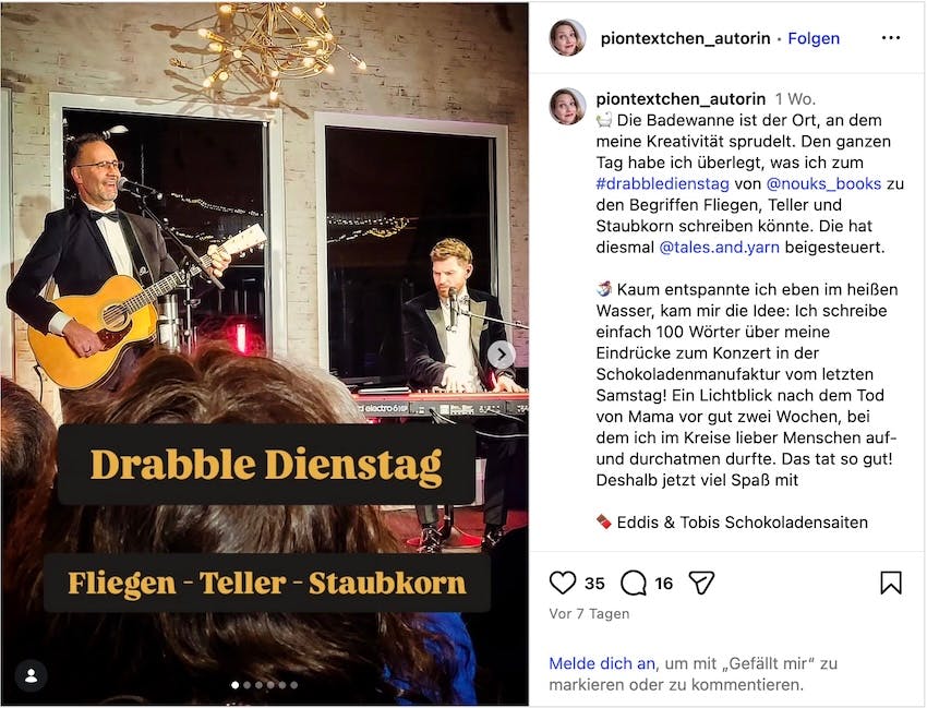 Screenshot des Beitrags von Christine Piontek auf Instagram mit einem Drabble zum Konzert von Eddi Hüneke und Tobi Hebbelmann in einer Schokoladenmanufaktur
