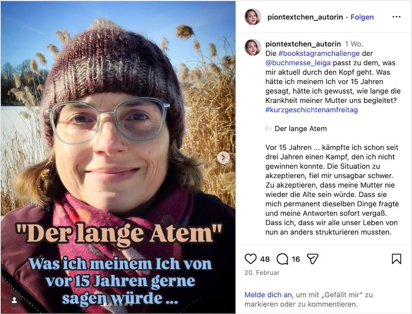 Screenshot des Beitrags von Christine Piontek für die Kurzgeschichten am Freitag der Buchmesse Leiga auf Instagram, Titel "Der lange Atem". Thema: Was ich meinem Ich von vor 15 Jahren gerne sagen würde ...