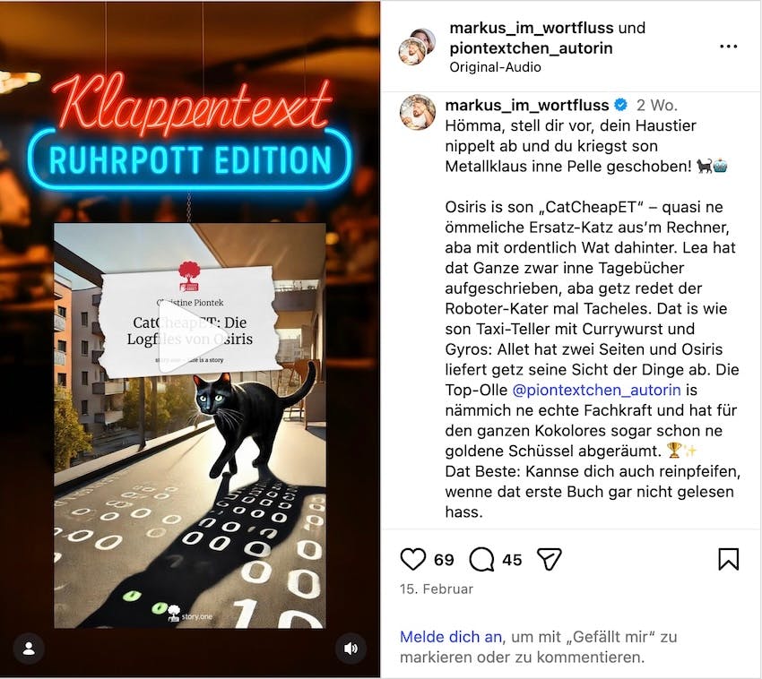 Screenshot vom Beitrag "Klappentext Ruhrpott Edition" von @markus_im_wortfluss zum Buch "CatCheapET: Die Logfiles von Osiris" auf Instagram