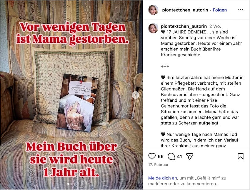 Screenshot vom Instagram-Profil @piontextchen_autorin von Christine Piontek (mittlerweile umbenannt zu @christine_piontek_autorin) zum Jahrestag ihres Buches "17 JAHRE DEMENZ – So long, liebe Mama"