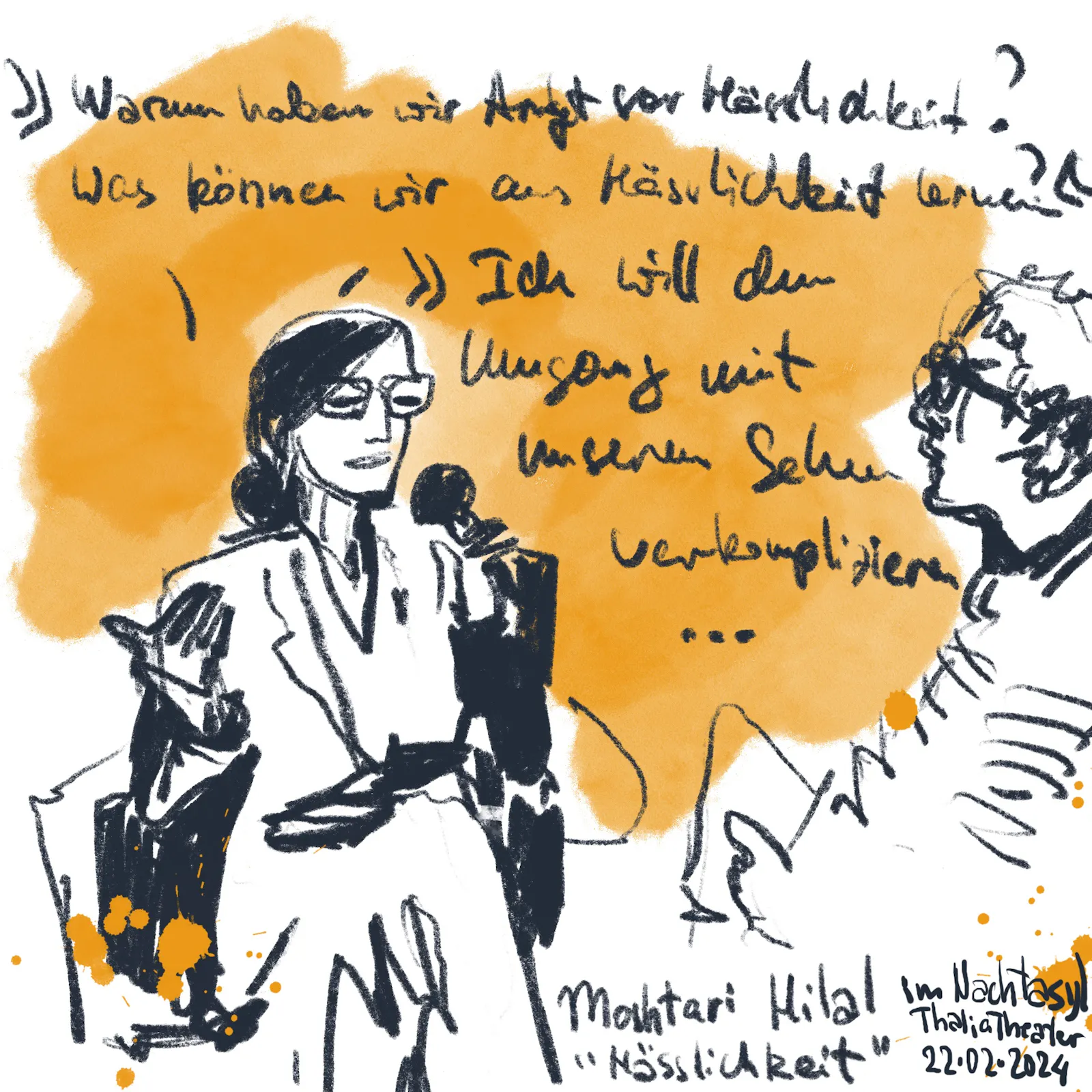 Strichzeichnung von Moshtari Hilal und einem Moderator, sitzend bei einer Diskussion. Moshtari Hilal spricht in ein Mikrofon.