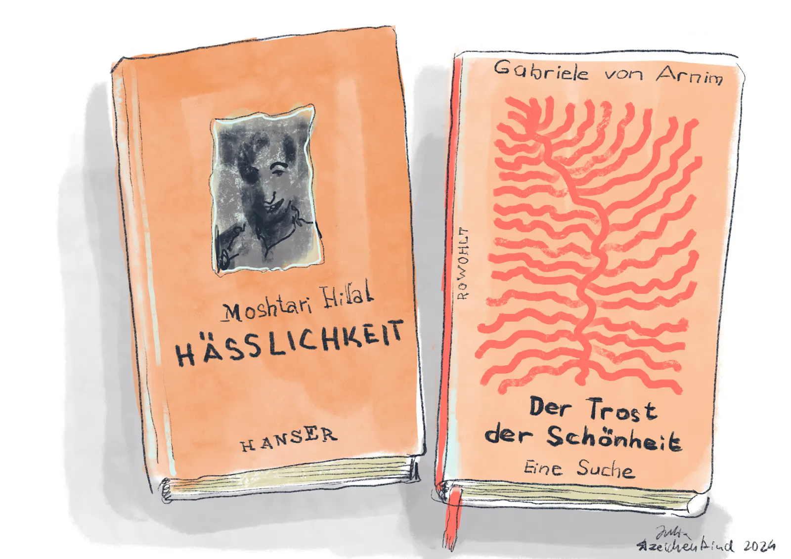 Farbige Strichzeichnung von den Büchern "Hässlichkeit" und "Der Trost der Schönheit".