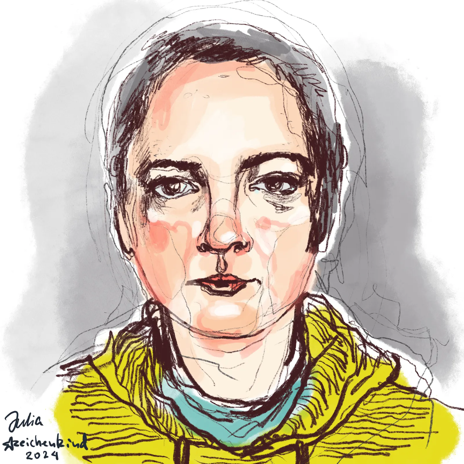 Eine ältere Frau mit einem runden, trurigen Gesicht. Gelber Pulli. Selbstportrait von Julia Zeichenkind. Farbige Strichzeichnung.