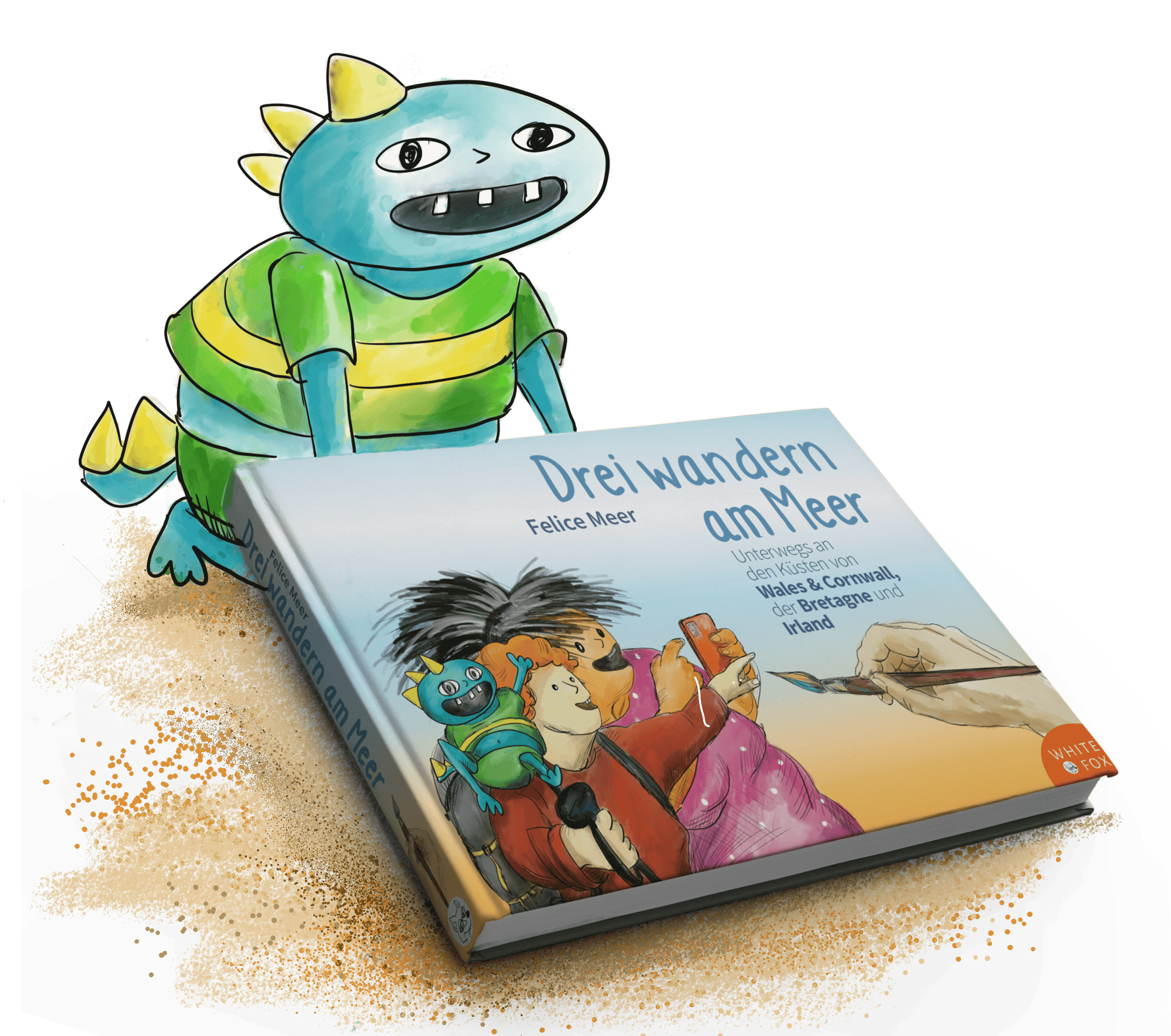 Menno zeigt das Buch drei wandern am Meer