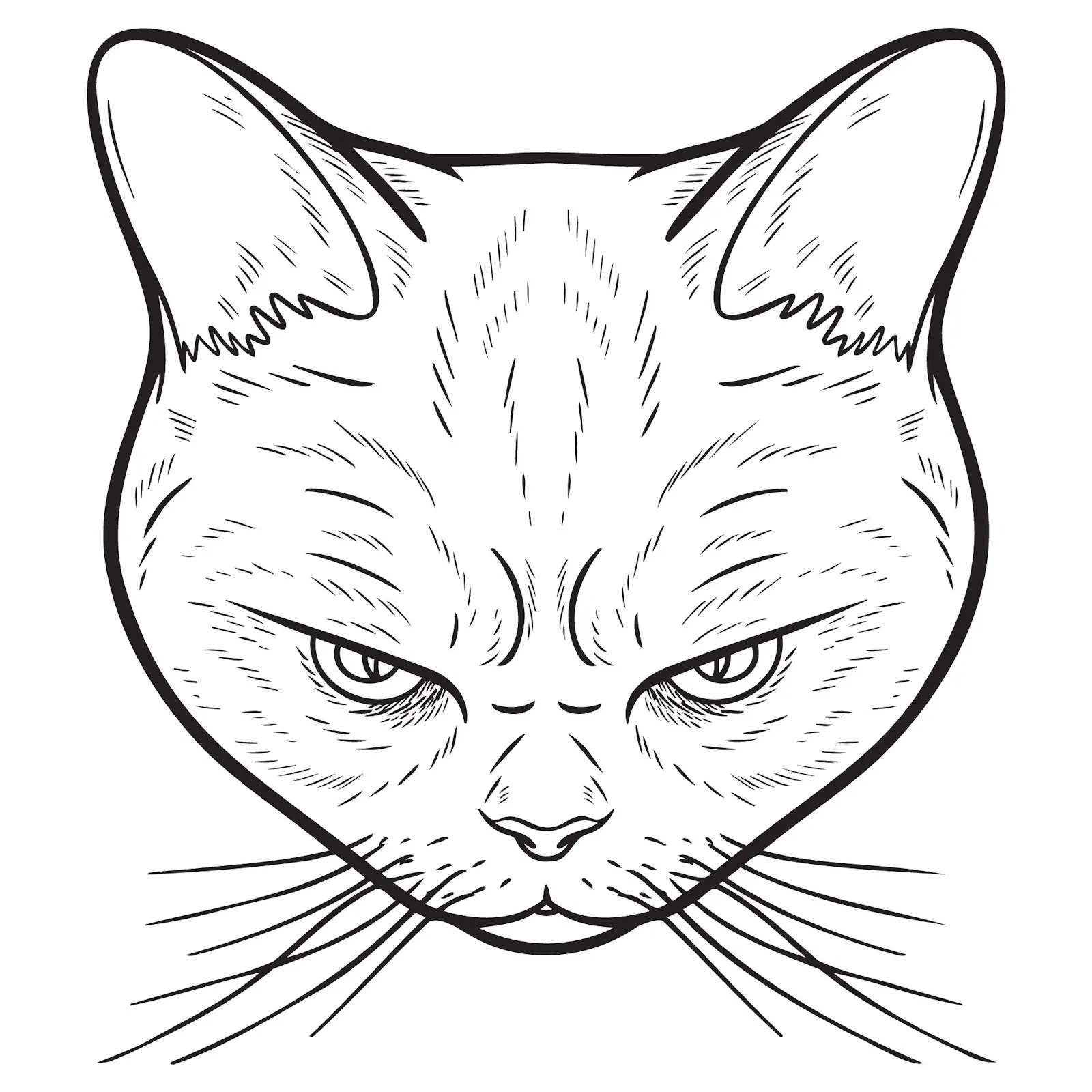 Eine Zeichnung, das Gesicht einer übel dreinblickenden Katze.