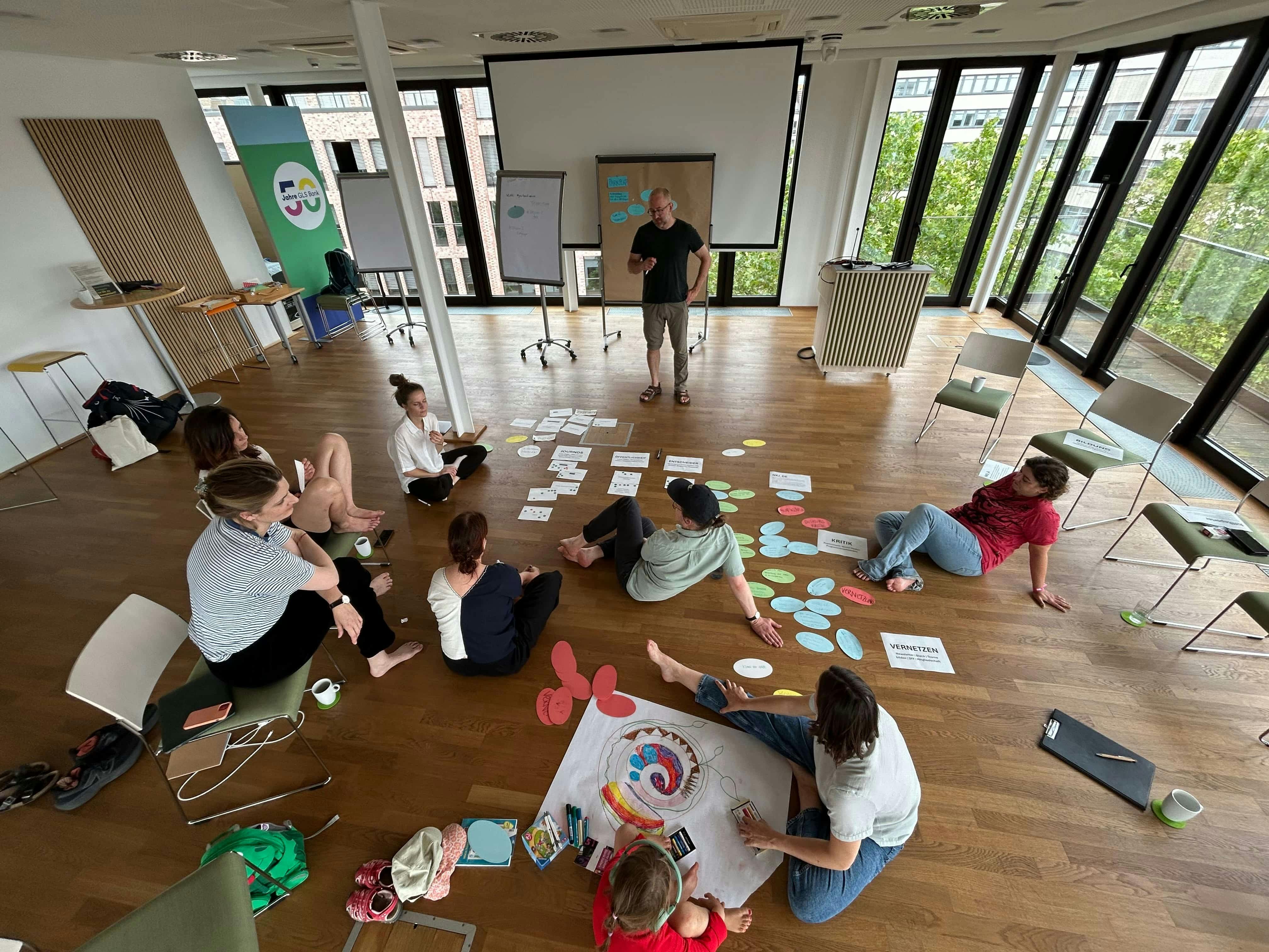 Auf dem Foto sieht man acht Menschen, die in einem Seminarraum verteilt sitzen, die meisten von ihnen auf dem Boden. Um sie herum sind Klebezettel verteilt. Am hinteren Ende des Raumes steht ein Mann vor einem Flipchart.