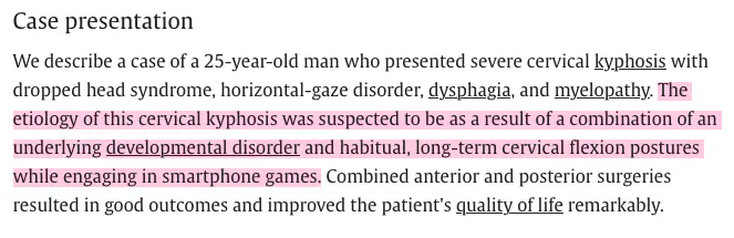 Case presentation: The etiology of this cervical kyphosis was suspected to be as a result of a combination of an underlying developmental disorder and habitual, long-term cervical flexion postures while engaging in smartphone games.