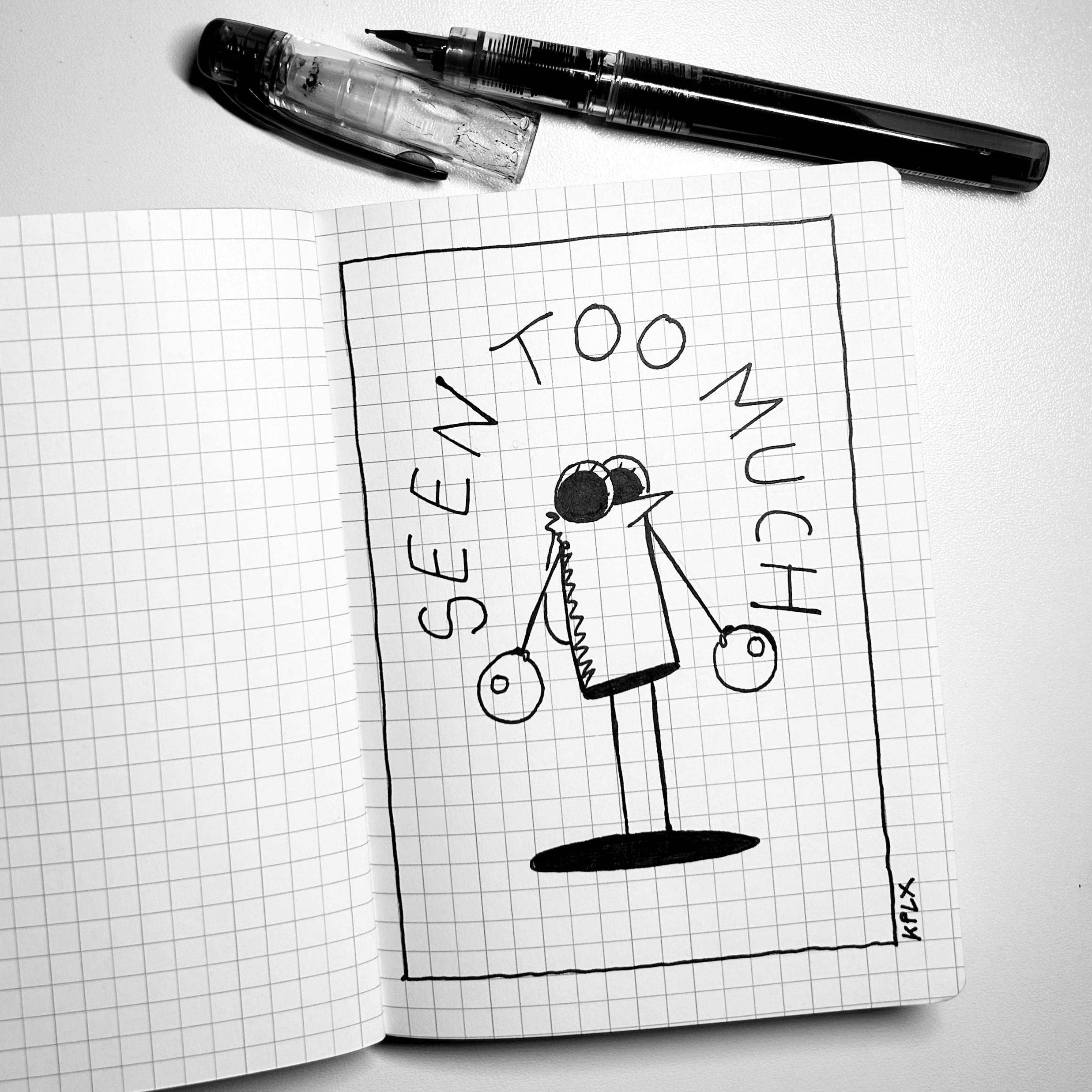 Schwarz-weiße Zeichnung auf kariertem Papier: Eine Fliege hält ihre eigenen Augen in den Händen, als hätte sie diese kurz zuvor herausgenommen. Über der Figur steht in gebogener Schrift: „SEEN TOO MUCH“.